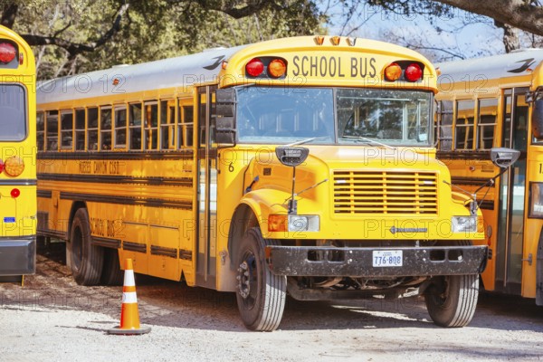 Camp Wood, USA, January 27 2013: Parked school bus in a parking lot in rural town of Camp Wood in