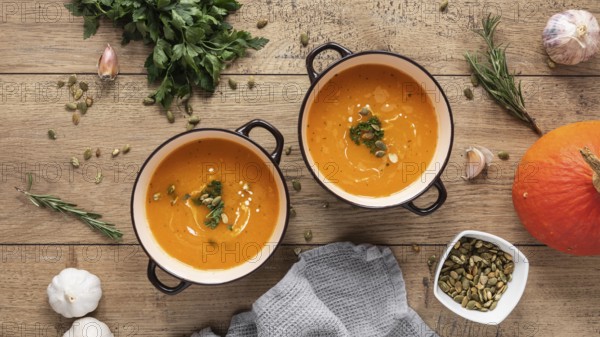 Flat lay food ingredients with pumpkin soup