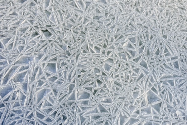 Frozen ice texture on the Dnieper river in Kiev, Ukraine, during winter, Europe