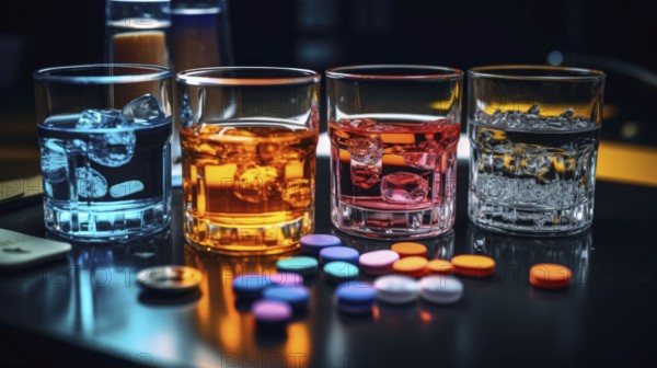 Colorful cocktail with colored ice cubes in glass on dark background. Colored pills on table.