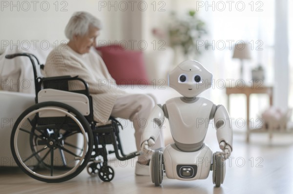 A friendly white care robot helps in a retirement home, senior citizen in a wheelchair, geriatric