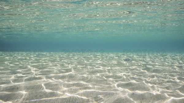 Sandy shallow water in sunburst and glare on seabed sand. Sunlight passes through surface of