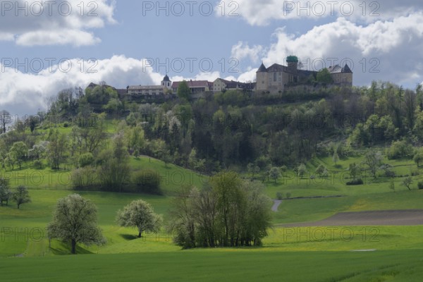 View of the old town and the castle, Waldenburg, Waldenburg mountains, spring, April, Hohenlohe,