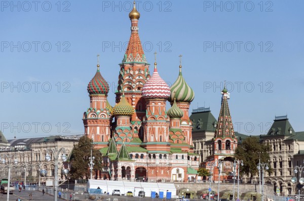 MOSCOW, RUSSIA, 21.09.2015. Saint Basil Cathedral and Vasilevsky Descent of Red Square in a Moscow