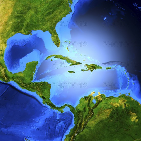 Detailed 3D render of the map of Central America showing the Caribbean sea, The Gulf of Mexico,