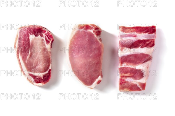 Pork meat, various cuts, overhead flat lay shot on a white background