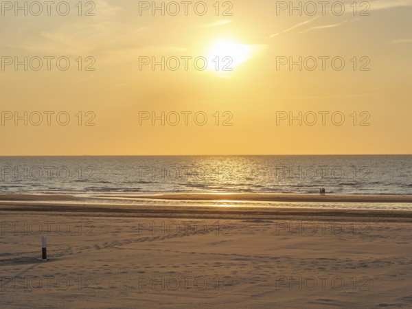 Quiet sunset on the beach with calm sea and a golden sky, oostende, belgium