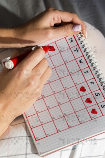 High view menstruation calendar with hearts