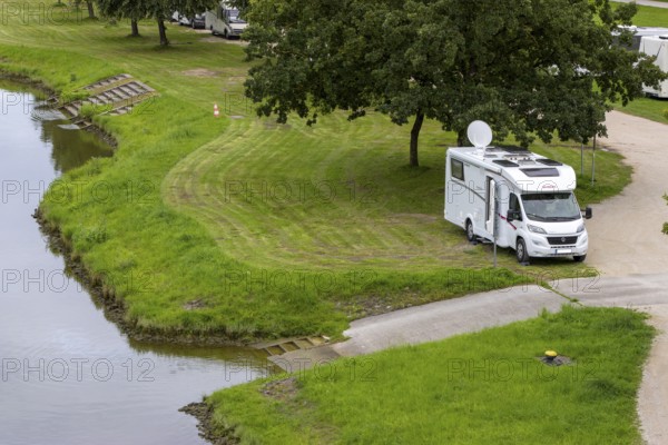 Motorhome in motorhome parking space, Lände Hilpoltstein on the banks of the Main-Danube Canal,