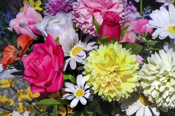 Colourful artificial flowers, Allgäu, Bavaria, Germany, Europe