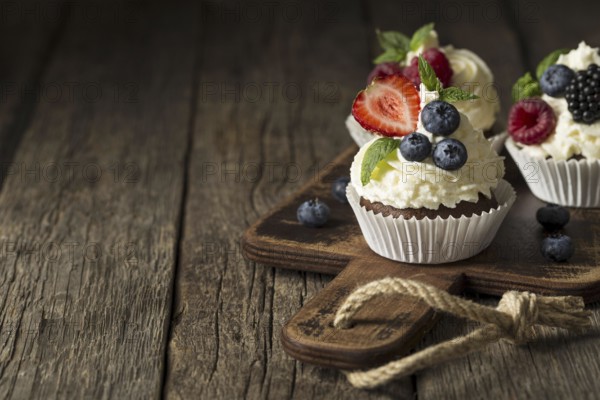 High view tasty cupcake copy space