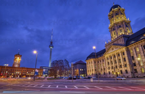 The Molkenmarkt in Berlin with the Old Town Hall, the Town Hall and the TV Tower by night