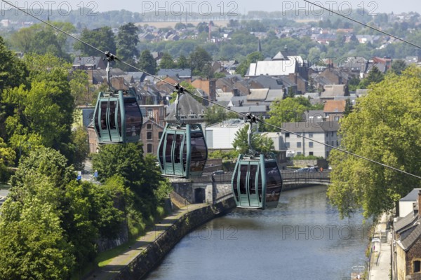 Group of three gondolas, gondola lift in the city centre of Namur, Wallonia, Belgium, Europe