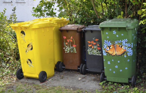 Illustrated waste bins, dustbins yellow, brown, black, green dustbin