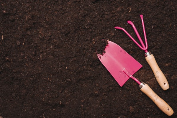 Gardening concept with shovel rake soil. High resolution photo