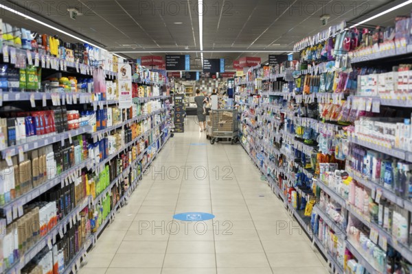 Crete, Greece, Septmeber 17, 2021: Shelfs with products in a local supermarket, Europe