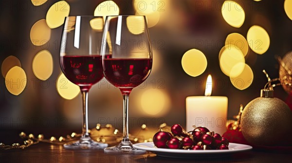 Two glasses of red wine with Christmas decoration on bokeh background AI generated