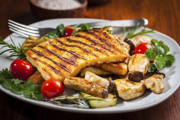 Halloumi grilled cheese on mushrooms and vegetables