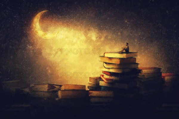 Wonderful painting with a boy sitting on a stack of books under the starry night sky looking a the