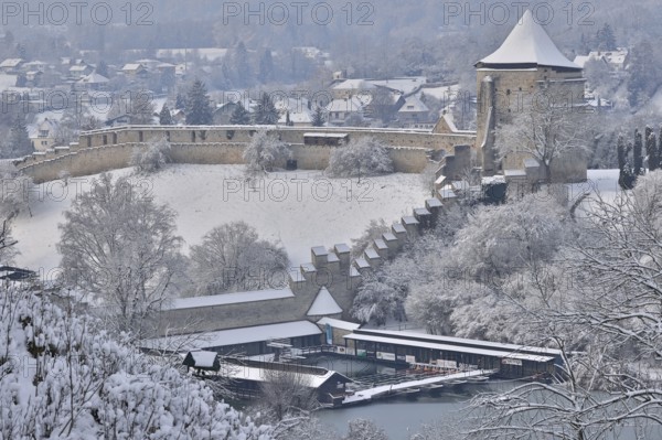 Bathing facility at the Wöhrsee in Burghausen, venue for ice swimming competitions, winter shot,
