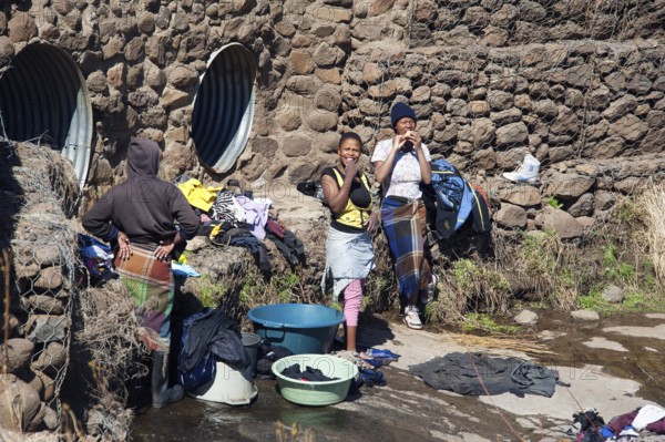Women doing laundry, Mokhotlong District, A14, Lesotho, Africa