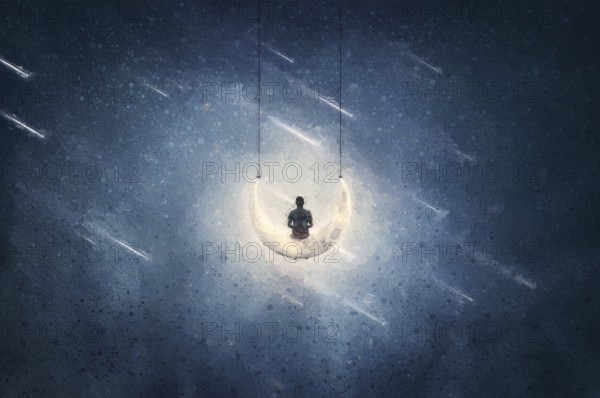Surreal painting of a boy swaying on a crescent moon swing with a wonderful cosmic view to the
