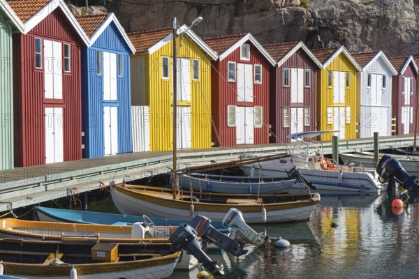 Fishing boats and colourful boathouses, harbour of Smögen, Smögenbryggan, Västra Götaland County,