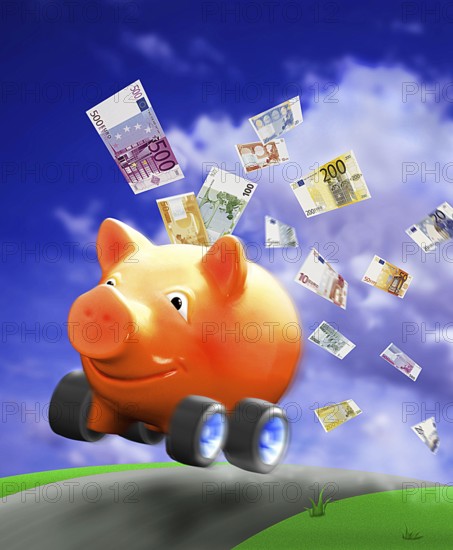 PIG MONEY BOX WITH FLYING EUROS SYMBOLIZING WASTING