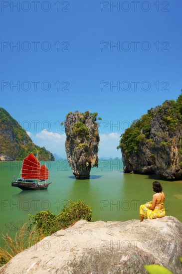 Junk in Phang Nga Bay, Bond Rock, Phuket, Thailand, Phangnga, Asia