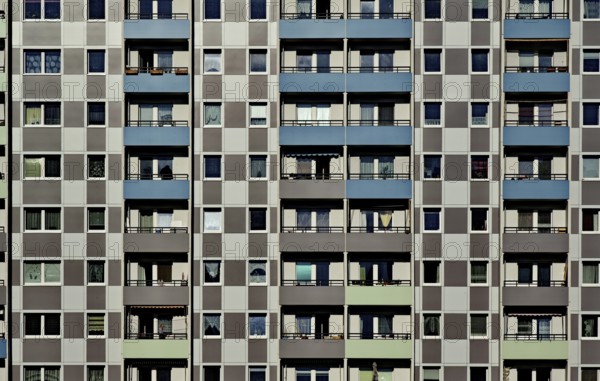 Facade of a prefabricated building with balconies in Hohenschönhausen, Lichtenberg district,