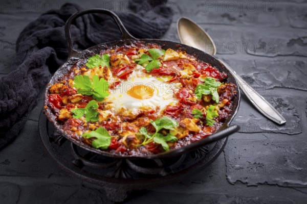 Shakshuka - dish of eggs poached in a tomato sauce with Feta cheese and coriander in baking pan