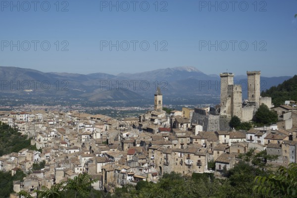 Pacentro with the ruins of Castello Caldora, Castello Cantelmo, mountain village on the slopes of
