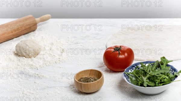 High angle pizza dough ingredients