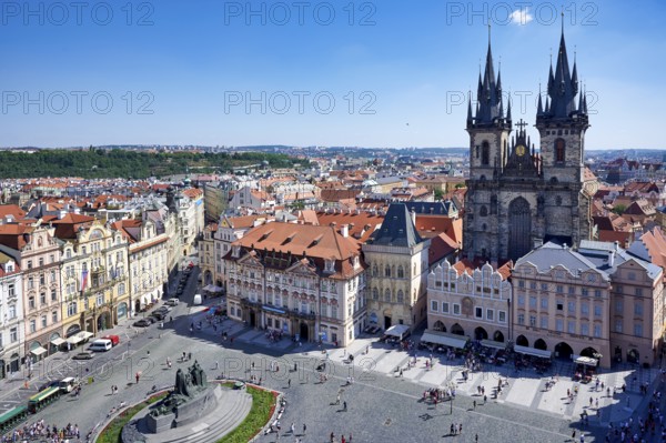 Aerial view of the Gothic Church of Our Lady before Tyn in Old Town Square