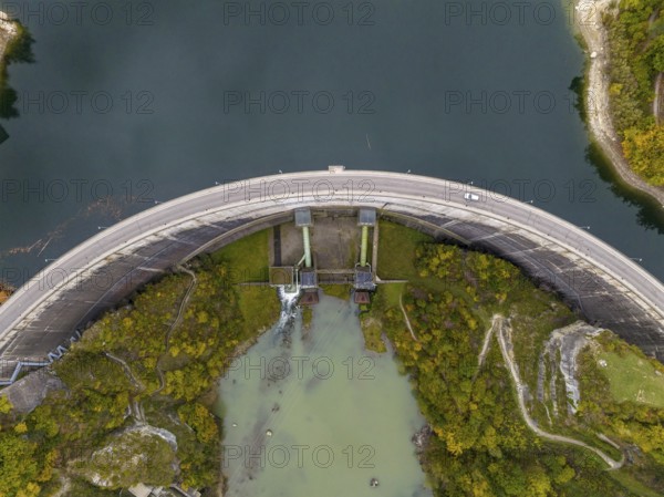 Dam on Lac de Gruyère, Lake Gruyère, reservoir, aerial view, Rossens, Fribourg, Switzerland, Europe