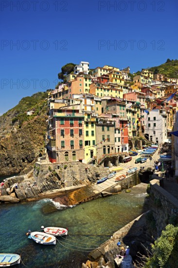 Photo of the colorful houses of the fishing port of Riomaggiore, Cinque Terre National Park,