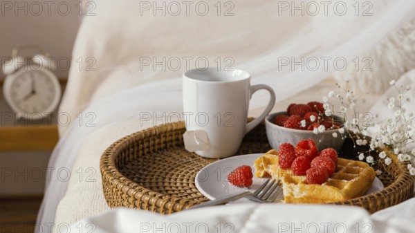 High angle tasty raspberry waffle plate