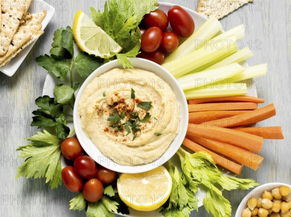 Top view hummus with assortment vegetables. Beautiful photo