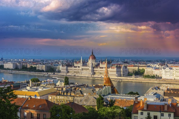 Panoramic view of Budapest with Hungarian Parliament Building on the bank of the Danube