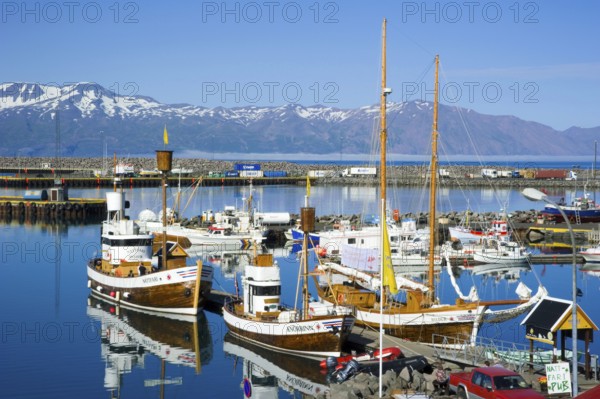 Whale watching boats, harbour, Husavik, Iceland, Europe