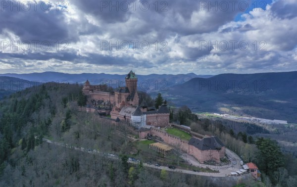 Aerial view Hohkönigsburg or Hochkönigsburg, French Chateau du Haut-Koenigsbourg, ridge castle on