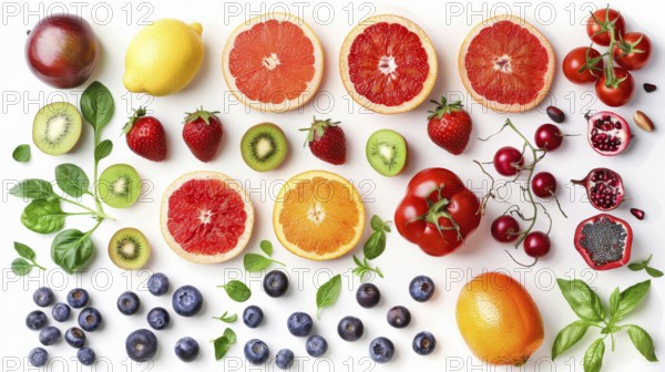 A fresh and colorful arrangement of various fruits and vegetables including grapefruit, kiwi,