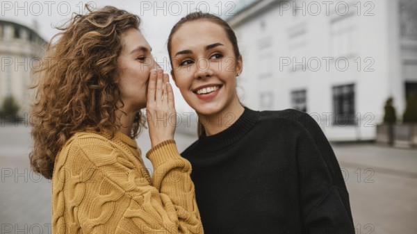 Portrait teenager whispering her friends ear