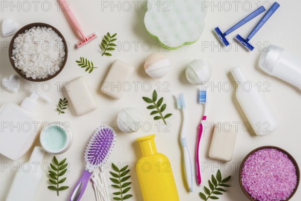 Cosmetic products with salt toothbrush razor hairbrush leaves white backdrop. Resolution and high