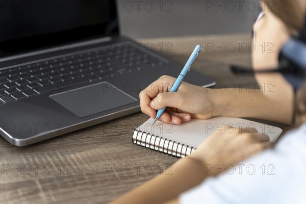 Close up girl studying online. Beautiful photo