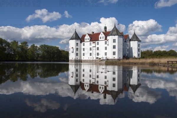 Glücksburg Castle with reflection in the lake, Schleswig-Flensburg, Schleswig-Holstein, Germany,