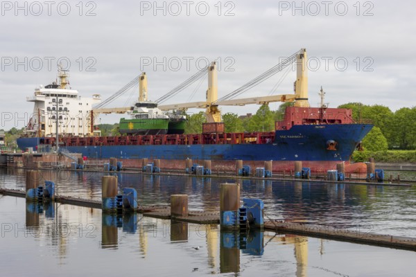 Merchant ship leaving Kiel-Holtenau canal lock, Great Lock, Kiel Canal, Kiel, Schleswig-Holstein,