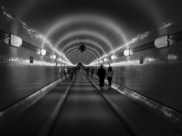 Pedestrians in the Elbe Tunnel, black and white, Hanseatic City of Hamburg, Hamburg, Germany,