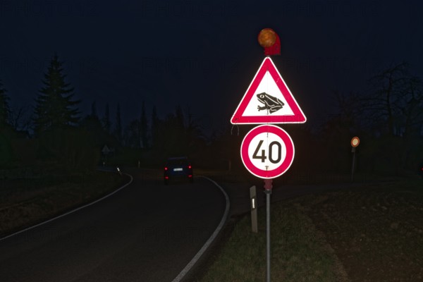 Traffic sign Toad migration, Toad migration, Forchtenberg, Hohenlohe, Heilbronn-Franconia,