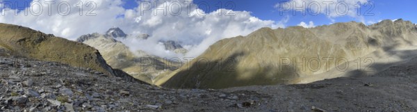 Panorama, scree field on Tällistock, Furkapass and Furkahorn in the background, Valais,